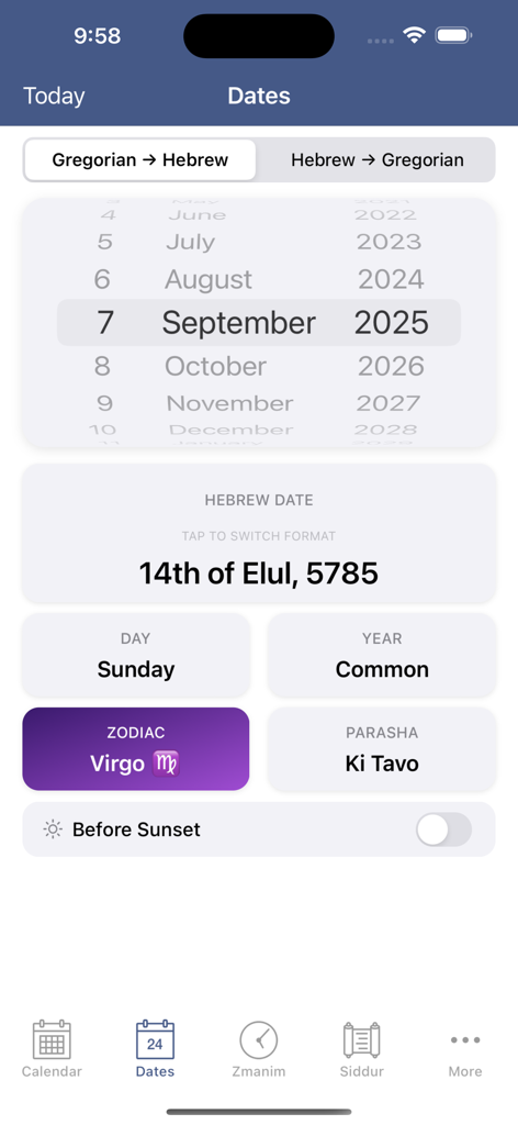 Hebrew Calendar - הלוח העברי - Pantalla de conversión de fechas hebrea y gregoriana con signo del zodíaco y porción semanal de la Torá