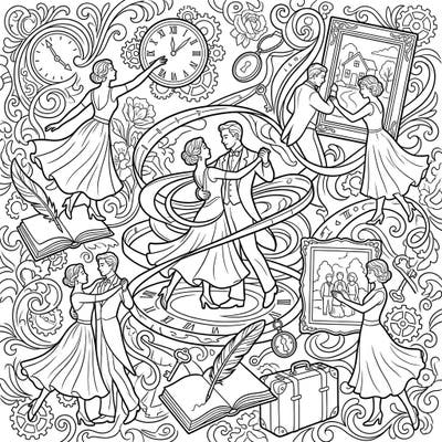 Immerse yourself in a beautiful dance of memory and nostalgia with this intricate coloring template. Featuring elegant couples, vintage elements, and swirling designs, it's perfect for a relaxing artistic escape.