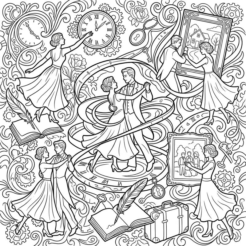 Immerse yourself in a beautiful dance of memory and nostalgia with this intricate coloring template. Featuring elegant couples, vintage elements, and swirling designs, it's perfect for a relaxing artistic escape.