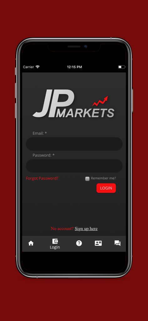 Login screen of the JP Markets trading app featuring email and password input fields