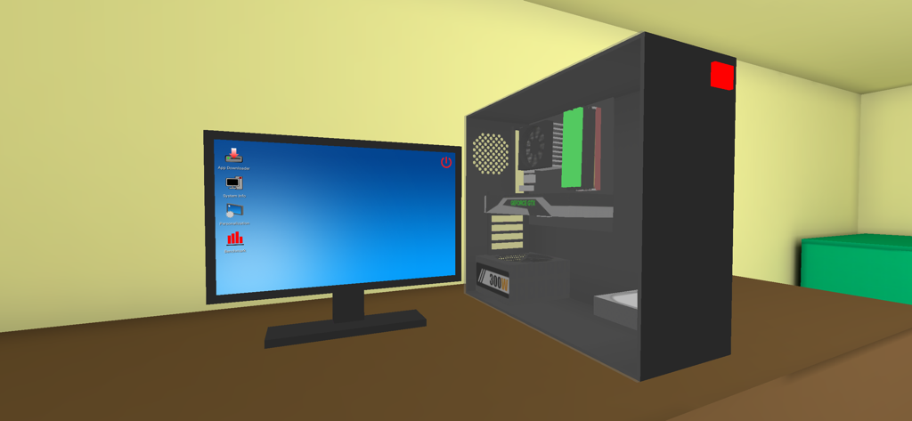 Una construcción de computadora 3D completada con componentes internos visibles y un monitor sobre un escritorio