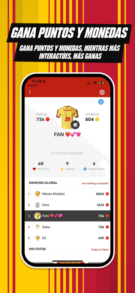 CS Herediano - Tela de ranking global do app CS Herediano mostrando recompensas de pontos e moedas do usuário