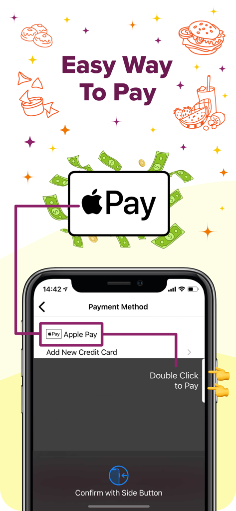 Easy Eats Delivery Service - Smartphone screen showing Apple Pay integration for Easy Eats Delivery Service app with instructions to double click the side button to pay