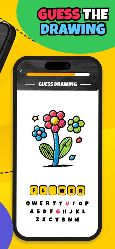 Una pantalla móvil del juego Draw N Guess Multiplayer que muestra un colorido dibujo de una flor y un rompecabezas de palabras para resolver