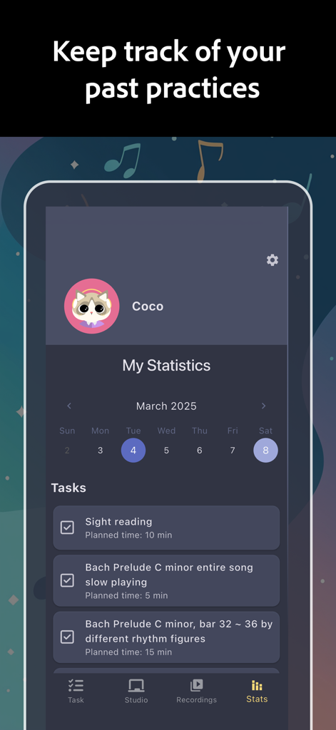 The statistics screen of Tompo app showing a practice calendar and a list of musical tasks like sight reading and Bach pieces next to an AI cat avatar