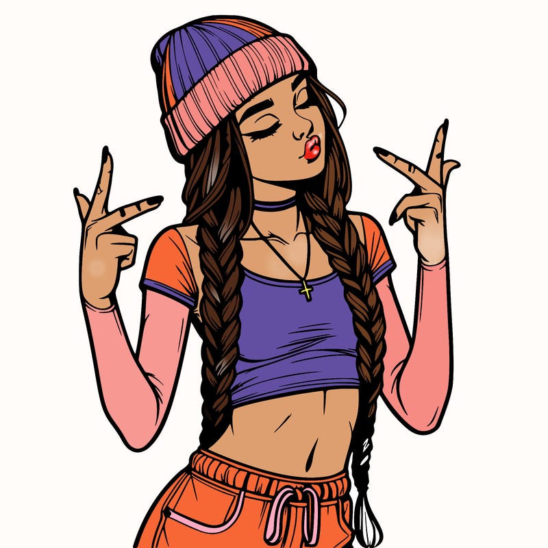 realistic teenage girl with braids and a beanie and crop top doing 🫶🏼