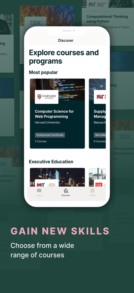 edXモバイルアプリのインターフェースには、ハーバード大学やMITなどの著名な大学からのさまざまな人気オンラインコースが表示されています。