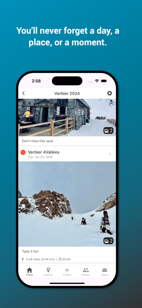 Interfaz de la aplicación Tripline que muestra un diario de viaje para Verbier 2024 con fotos de un viaje de esquí y notas de ubicación