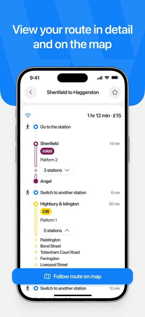 A detailed step by step route from Shenfield to Haggerston in the London Underground Planner app