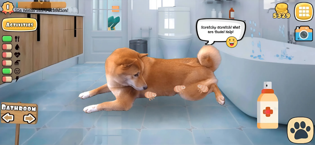 Fruwee: Virtual Pet Dog Games - Cão Shiba Inu da vida real em um banheiro virtual com pulgas precisando de cuidados de higiene