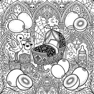 Celebrate new beginnings with an enchantingly unique twist! This intricate coloring page beautifully blends the fresh zest of kiwis with a mysterious Gothic baby shower theme, offering a truly original artistic experience.