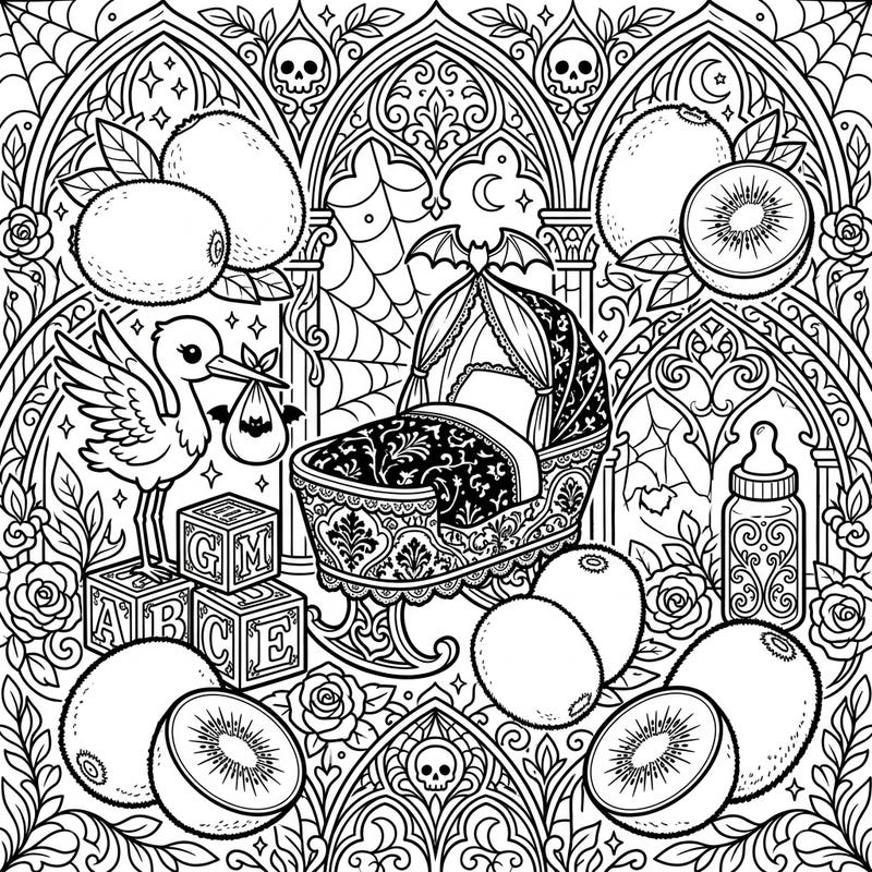 Celebrate new beginnings with an enchantingly unique twist! This intricate coloring page beautifully blends the fresh zest of kiwis with a mysterious Gothic baby shower theme, offering a truly original artistic experience.