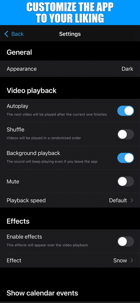 ASMR TV - Tela de configurações do aplicativo ASMR TV mostrando opções de personalização para reprodução de vídeo e efeitos visuais