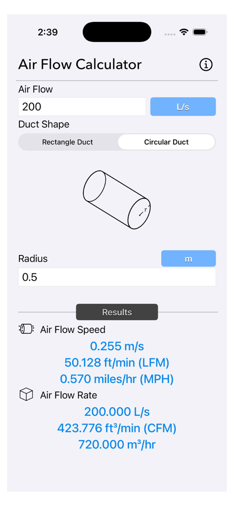 Air Flow Conversion Calculator - Air flow calculator screen with velocity and volume results for a circular duct