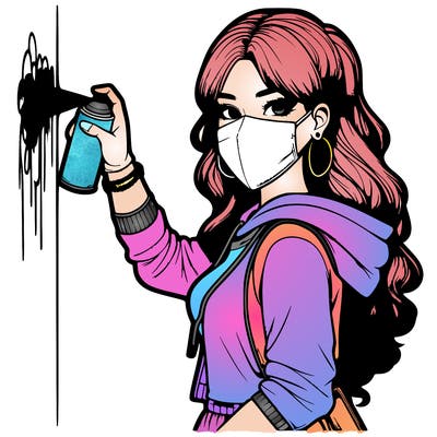realistic girl with mask spray painting a wall