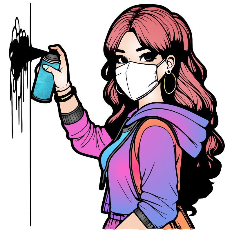 realistic girl with mask spray painting a wall