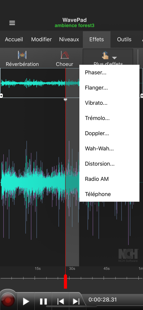 WavePad – Éditeur audio - Interfaz de menú desplegable de efectos de audio de la aplicación móvil WavePad que muestra una lista de efectos de audio profesionales como Phaser y Distortion sobre una forma de onda turquesa