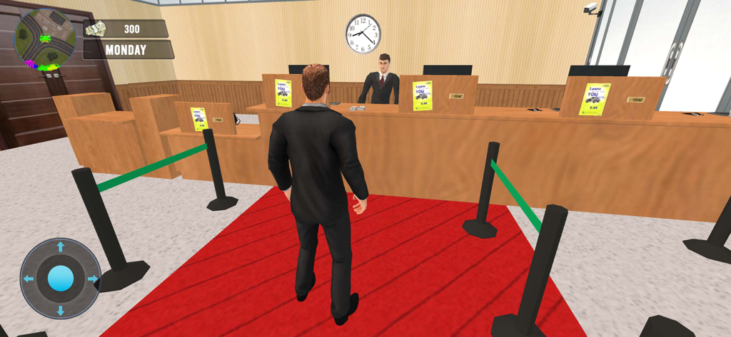 Car Driven to Saler Dealership - A character in a suit standing at a bank counter on a red carpet in the Car Saler Simulator game.