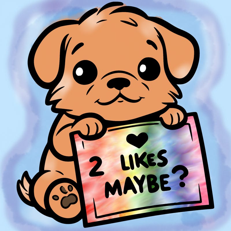 a puppy holding a sign that says 2 likes maybe?