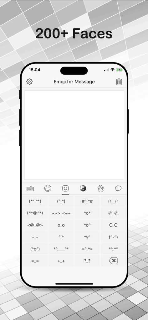 Emoji for Message Pro - Emoji für Nachricht Pro App-Oberfläche, die eine Vielzahl von Textgesichtern und Kaomoji anzeigt