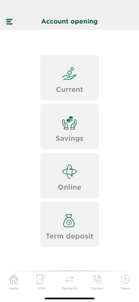 The account opening screen of the myAPS mobile banking app displaying various account types.