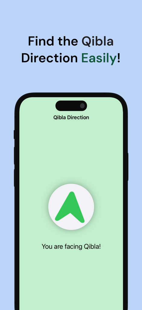 Qibla Finder - Interface of the Qibla Finder app on a smartphone showing a green arrow and the message You are facing Qibla.