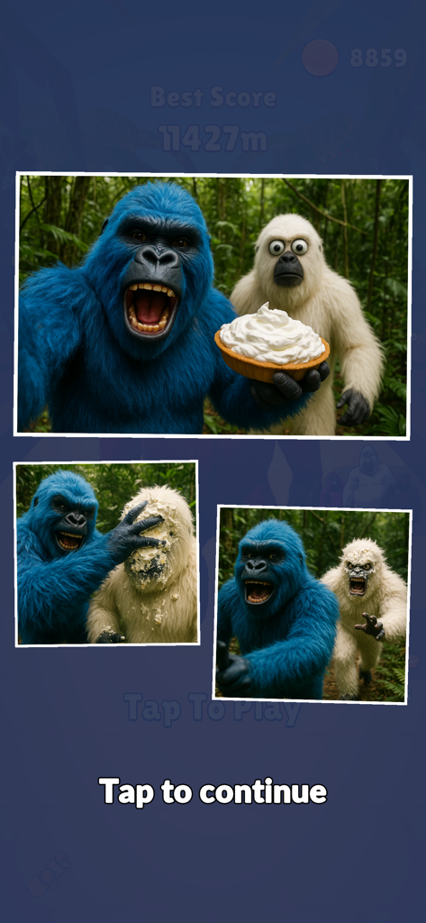 Uma série de imagens mostrando um yeti azul fazendo uma pegadinha em um yeti branco com uma torta