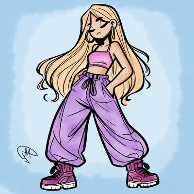 girl in baggy pants crop top and long hair