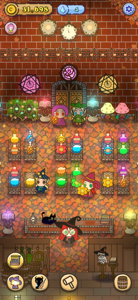 Witch's Potion Shop - Cozy interior of a witch potion shop with colorful glowing bottles on shelves and cute characters