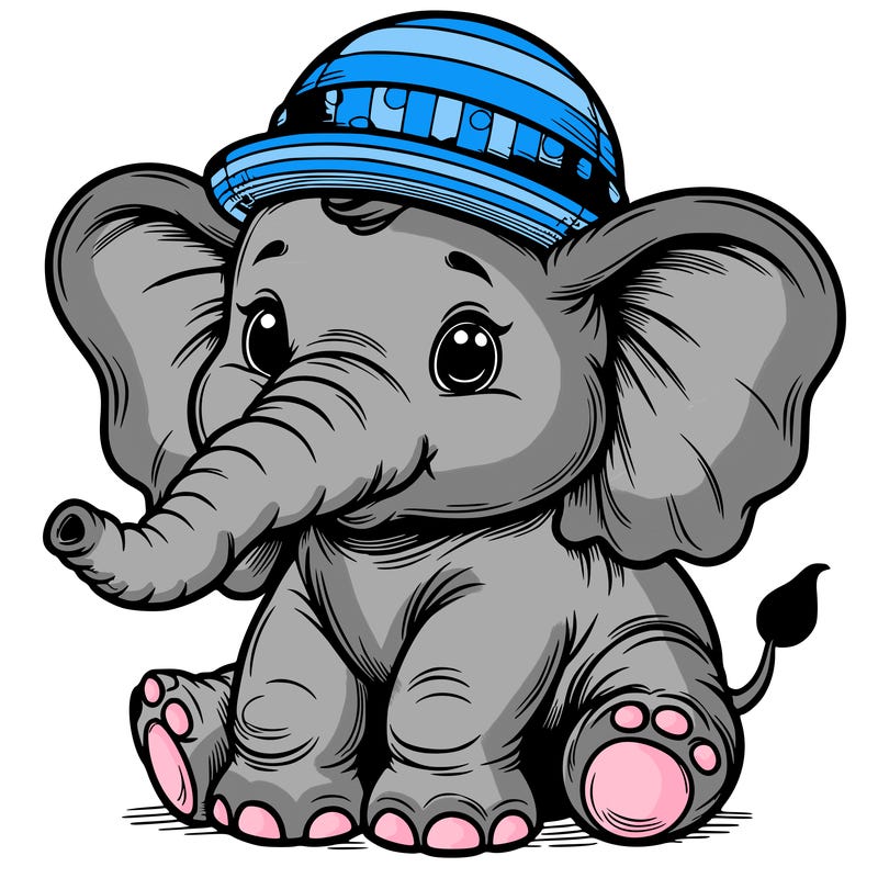 a baby elephant with huge heats and a little hat realistic