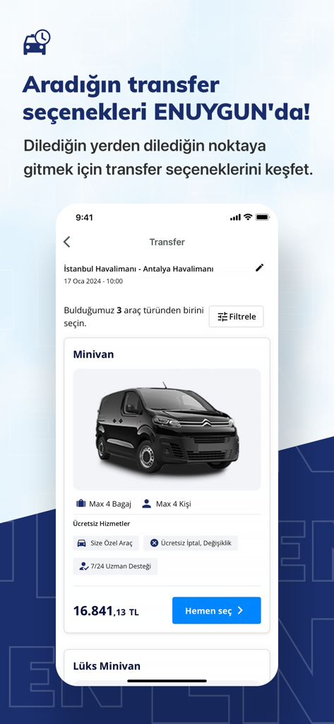 ENUYGUN: Uçak Otel Otobüs Araç - Mobile App-Oberfläche, die Optionen zur Buchung von Flughafentransfers mit einer Minivan-Auswahl auf ENUYGUN anzeigt
