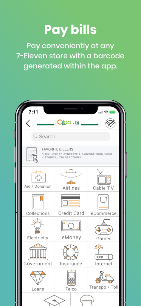 Mobile app interface showing various categories for paying bills at 7-Eleven stores