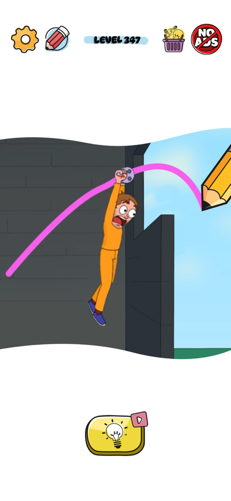 A character hanging from a hand drawn pink line in the Draw Puzzle mobile game