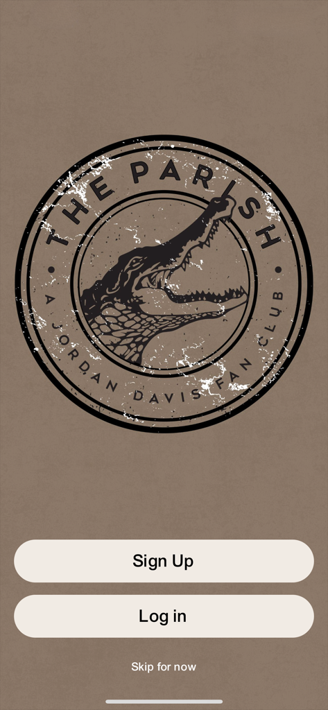 Jordan Davis Parish - Login screen for the Jordan Davis Parish fan club app showing the Parish alligator logo and buttons for sign up and log in.