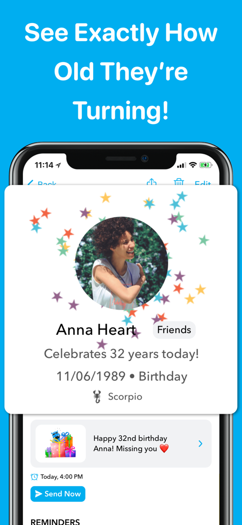 hip: Birthday Reminder & Cards - Interface of the hip app showing a friend turning 32 with her birthday date zodiac sign and a quick greeting message option