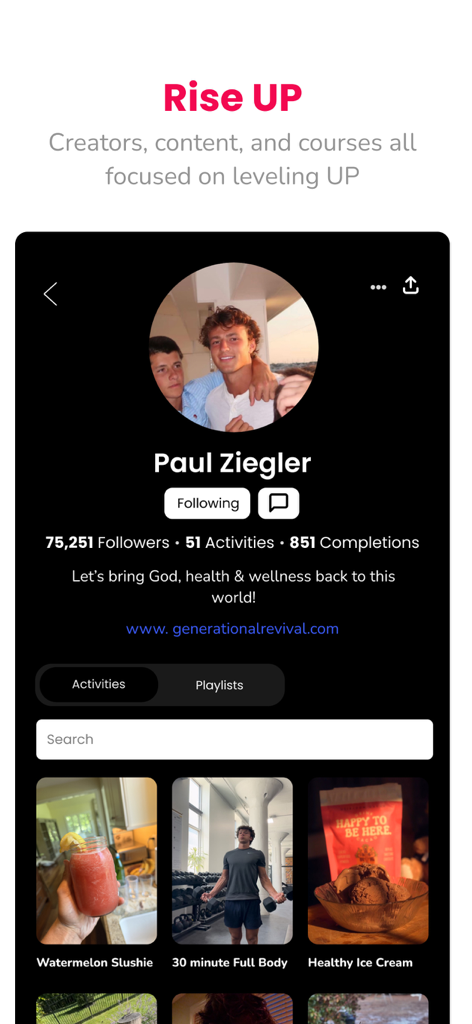 Upspace - Screenshot of the Upspace app creator profile showing fitness videos and healthy recipes