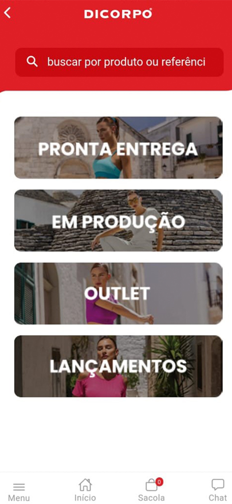 Startbildschirm der Dicorpo-Mobile-App mit Kategorien für Fitnessmode für Wiederverkäufer, einschließlich Neuankömmlinge und Outlet.