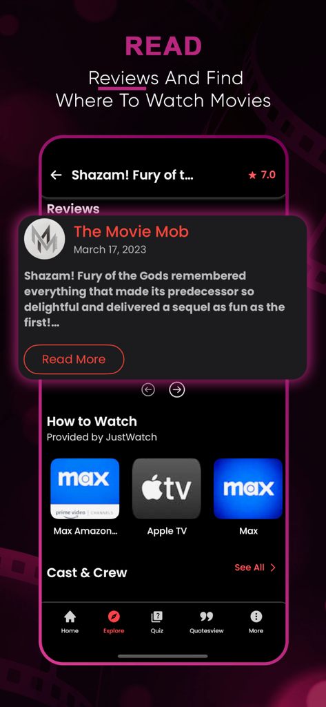 Seekee Movies : Films & Shows - Interface of the Seekee app showing a movie review and available streaming platforms like Max and Apple TV