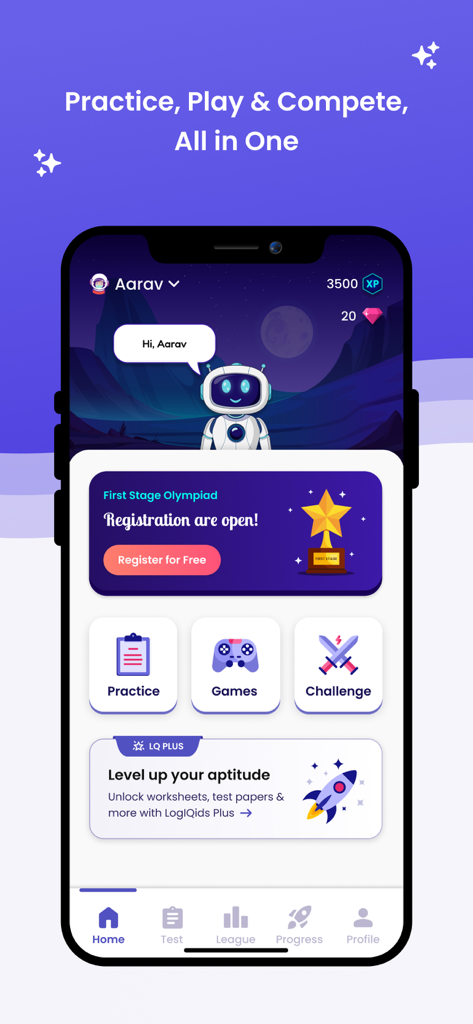LogIQids - LogIQids home screen dashboard featuring practice, games, and challenge options for kids learning.
