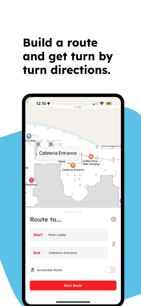 Interfaz de la aplicación Phoenix Children's Hospital que muestra un mapa y las indicaciones giro a giro desde el vestíbulo principal hasta la cafetería