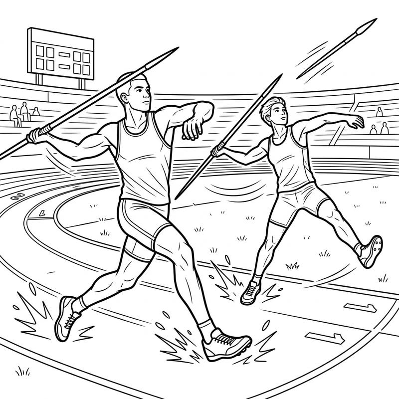 Dive into the exciting world of track and field with this action-packed coloring page featuring javelin throwers. Designed especially for teens, this illustration brings the thrill of competition right to your fingertips.