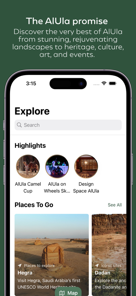 Experience AlUla - Explore screen of the Experience AlUla travel app showing local attractions and heritage sites