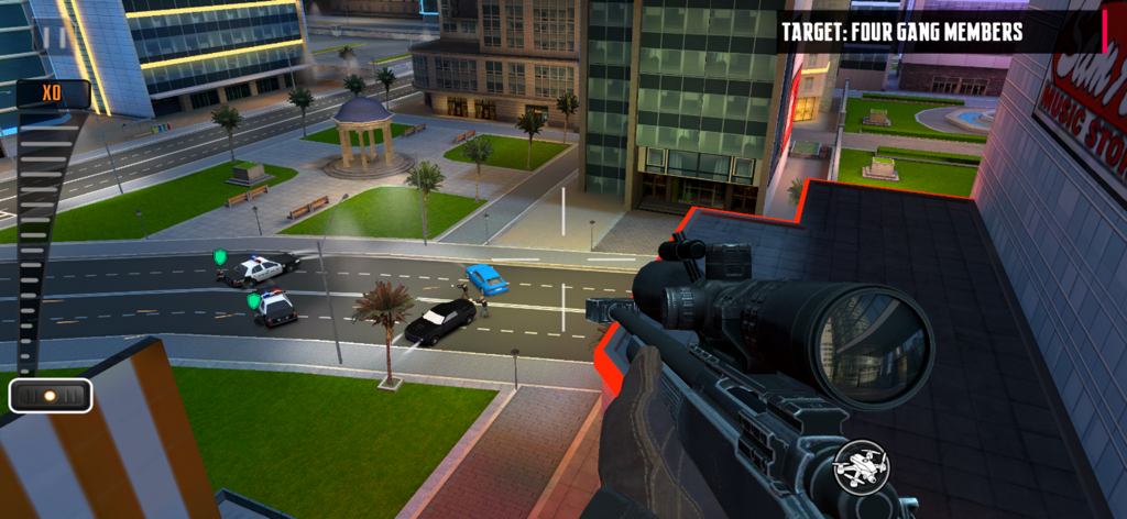 First-person view of a sniper aiming at targets on a city street from a rooftop in Ghost Shooting