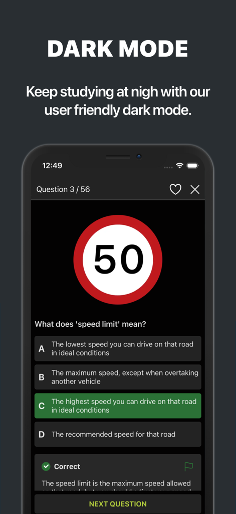 New Zealand driving theory test app interface in dark mode featuring a speed limit question