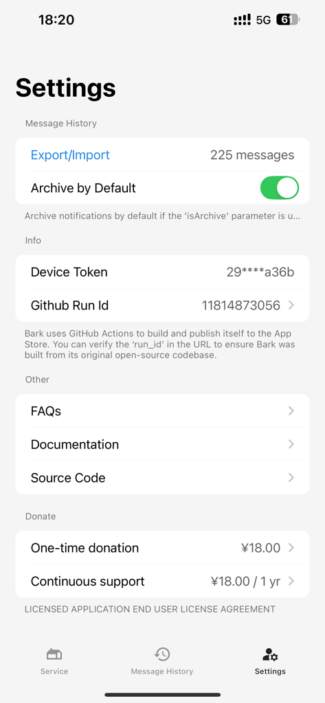 Bark - Custom Notifications - Settings screen of the Bark app showing message history options and developer technical information