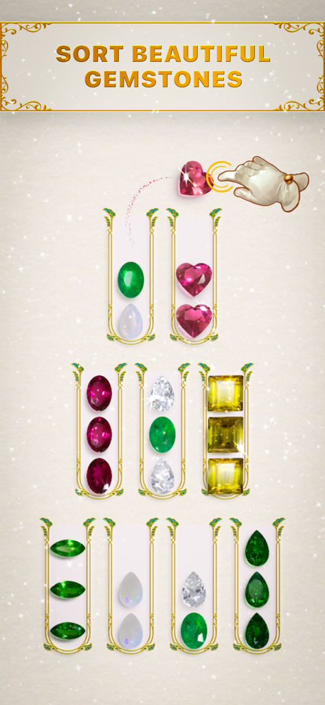 Dazzly Stories: Ambre's Secret - A gameplay screenshot of Dazzly Stories showing a puzzle where players sort colorful gemstones like rubies and emeralds into glass vials