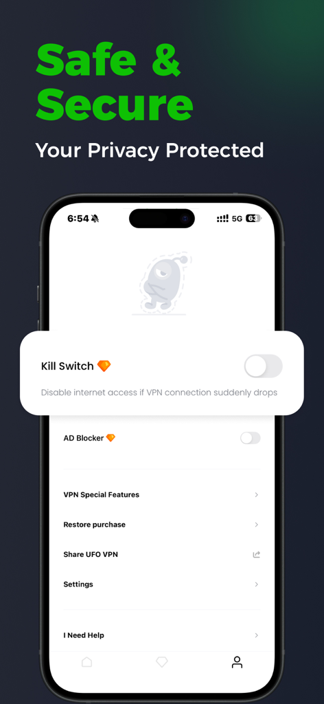 UFO VPN: Ultra Fast Secure VPN - Interface do aplicativo UFO VPN no iPhone mostrando configurações de privacidade, kill switch e bloqueador de anúncios.