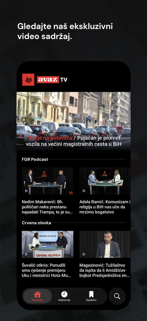 Interfaccia dell'app Avaz che mostra la sezione dei contenuti video con segmenti di notizie e podcast in lingua bosniaca