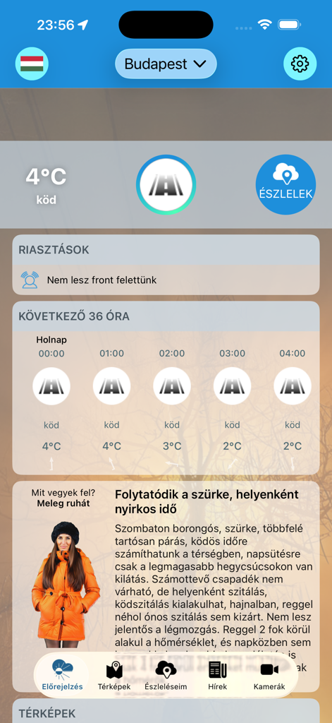 Időkép - Interfaz de la aplicación meteorológica Idokep mostrando la temperatura actual y el pronóstico de 36 horas para Budapest