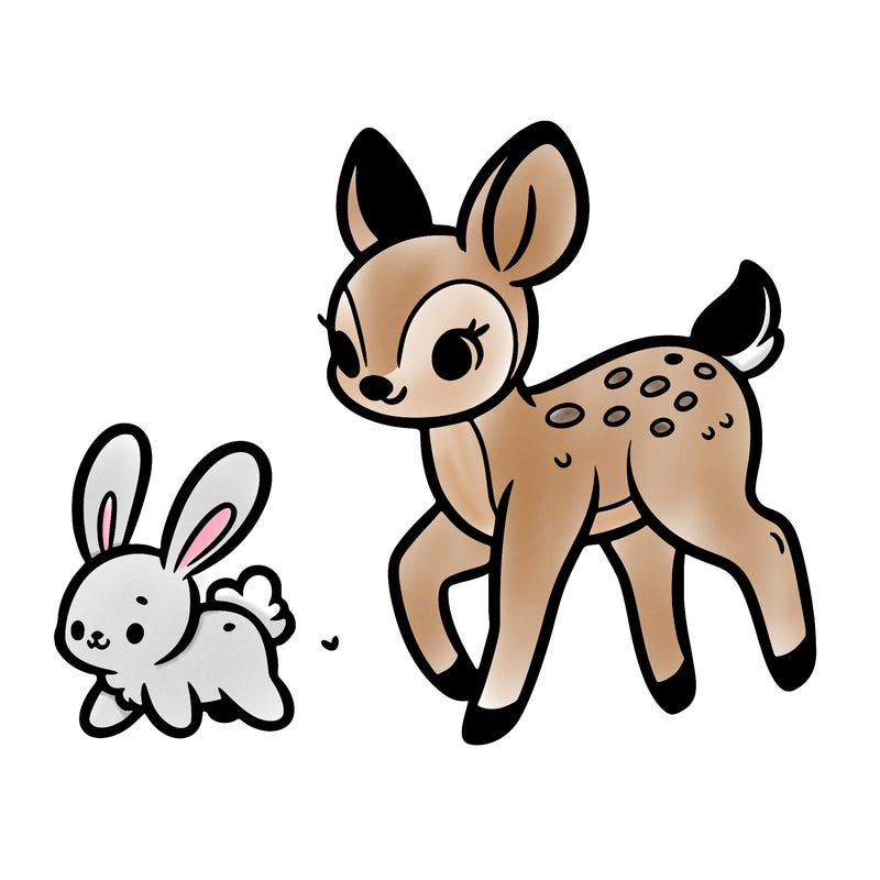 a fawn walking with a cute bunny